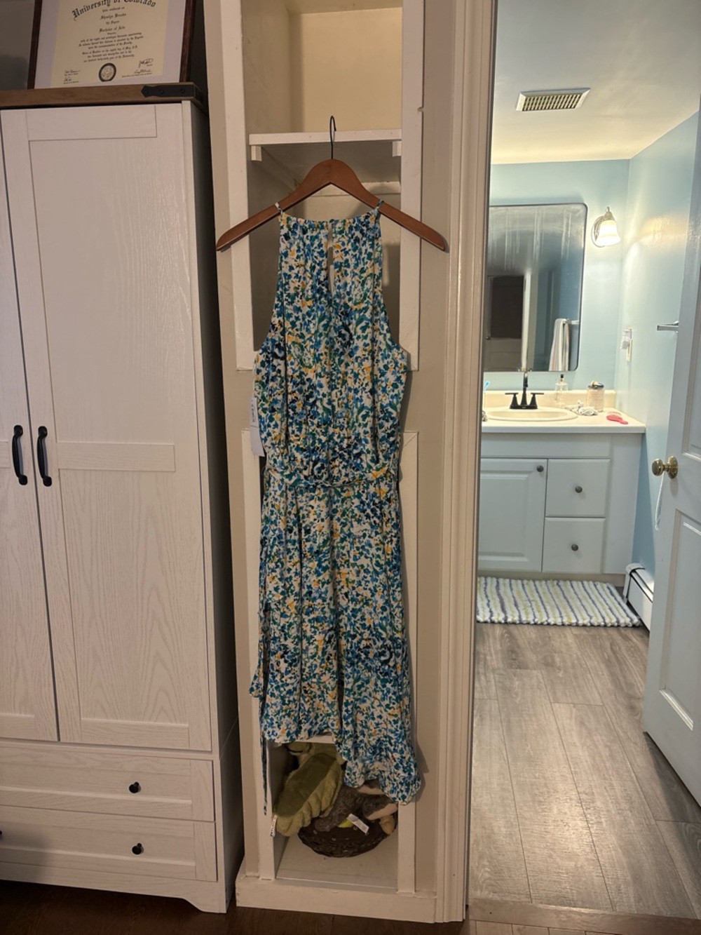 London Times White Floral-Printed Halter Dress with Teal and Yellow Accents - Picture 9 of 9